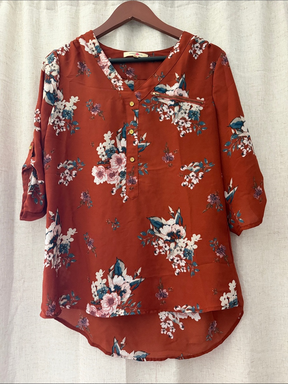 Women's Floral V-Neck Henley Top - Rust